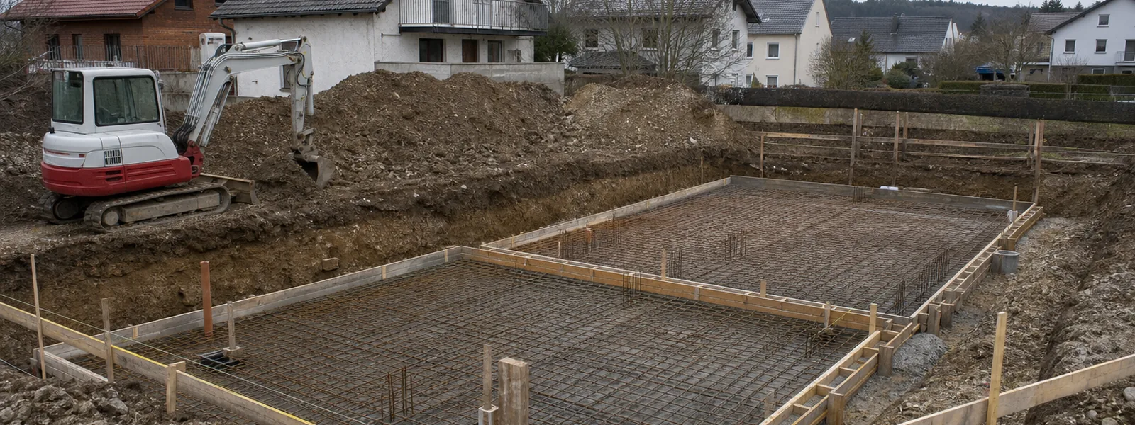 Baugrube mit Schalung und Bewehrung für zwei nebeneinanderliegende Bodenplatten, Bagger und Schnurgerüst