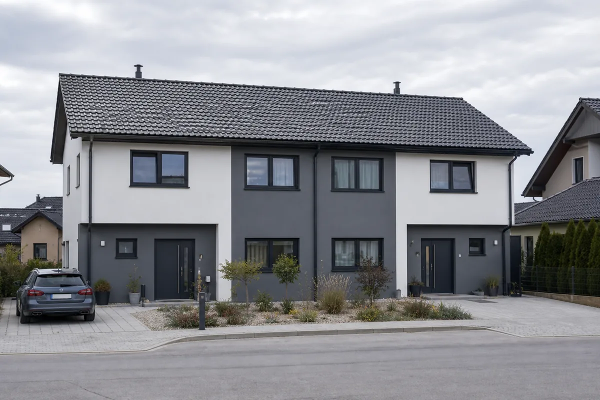 Modernes Doppelhaus in Österreich mit zwei spiegelgleichen Hälften unter einem durchgehenden Satteldach