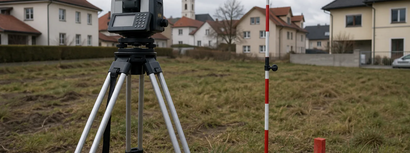 Vermessungsgerät auf einer unbebauten Baulandparzelle